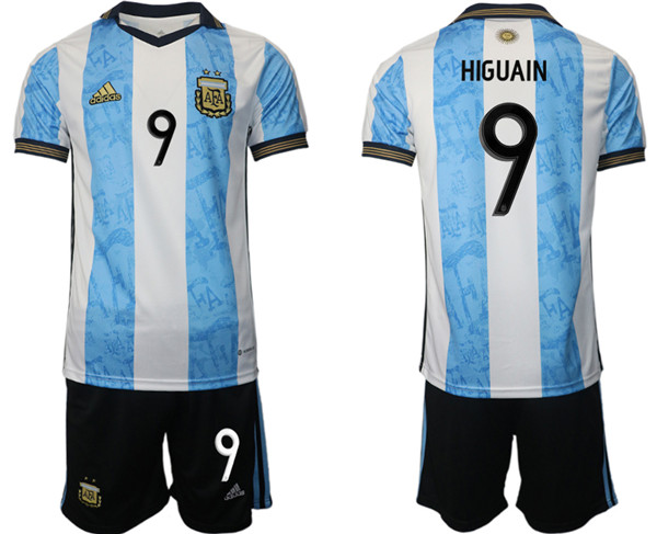 Men's Argentina #9 Higuain White/Blue Home Soccer Jersey Suit